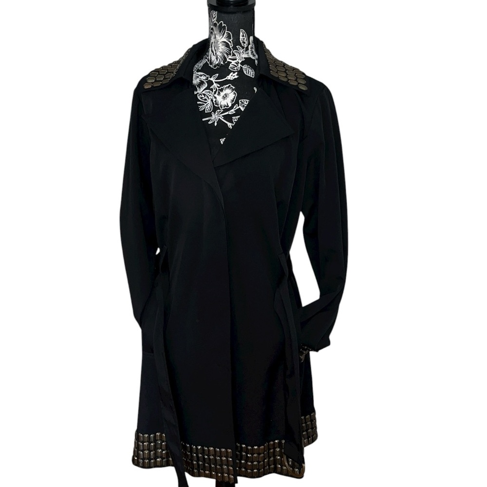 INC International Concepts size large black embellished trench coat 3/4 length